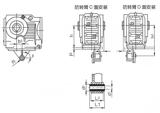 YCZJ系列斜齒輪-螺旋錐齒輪減速三相異步電動機(jī)扭矩臂尺寸